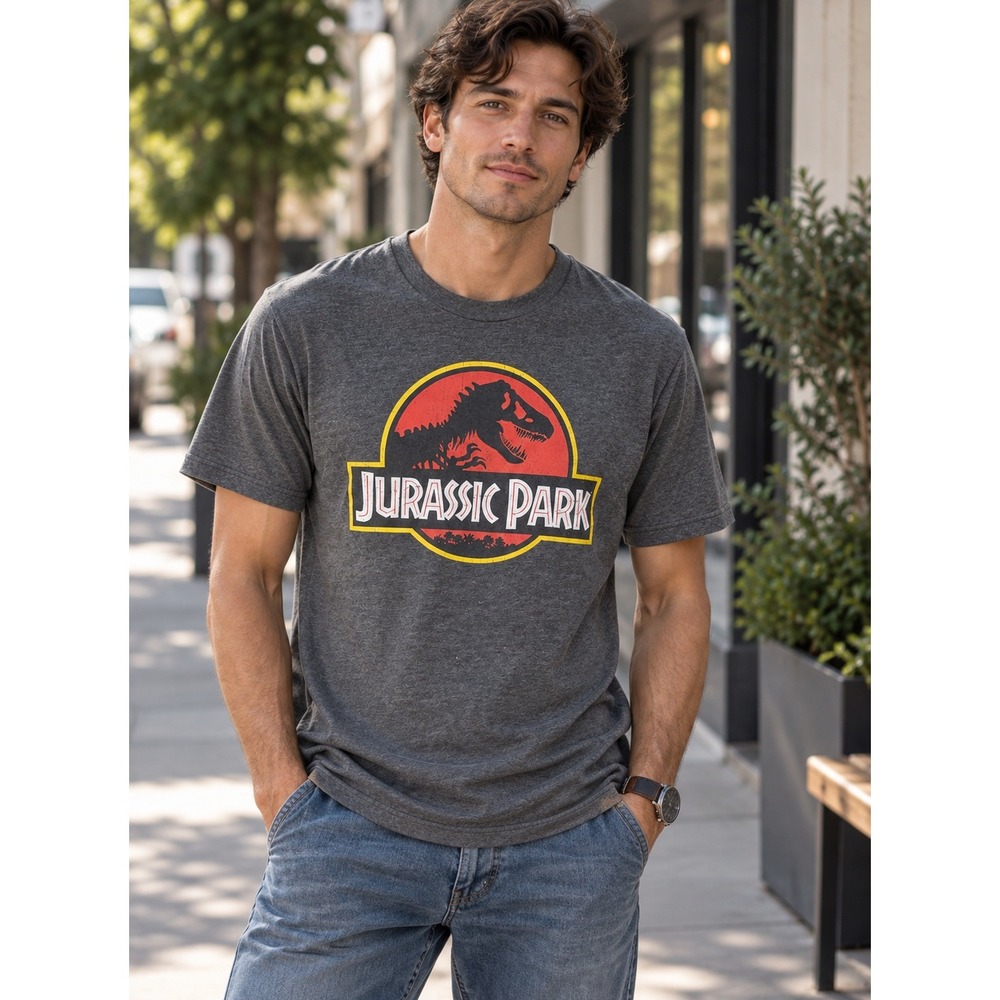 Jurassic Park Logo Men's Gray Dinosaur Graphic Universal Tee Retro NostalgiaM